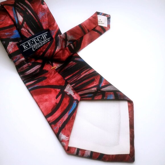 Vintage Ketch Classic Men's Tie Abstract Print Red Black Blue Polyester 57"Long - Picture 8 of 12